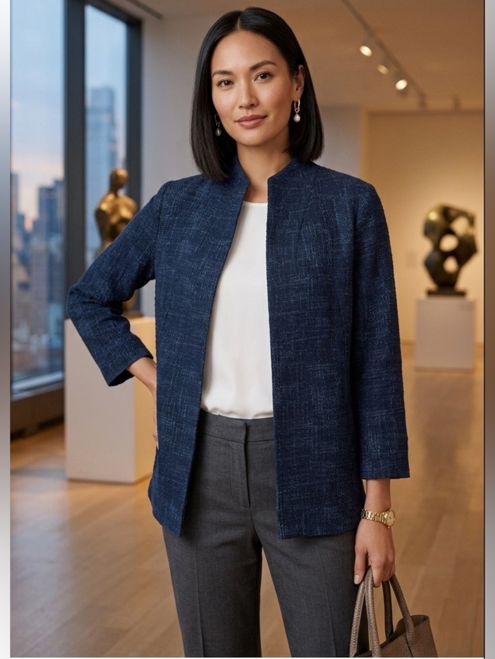 Eileen Fisher Crosshatch
Cotton Tencel Stretch Navy Jacket Size XS. NWOT Office